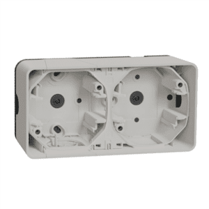 appareillage-etanche-mureva-schneider-garage-dehors-ip55-boitier-2-postes-composable-blanc-fiable-moderne-robuste-étanche-durable-pratique-sécurisé-résistant-innovant-polyvalent-simple-adaptable-design-intemporel-solide-accessible-schneider-mureva-extérieur-place-trous-double