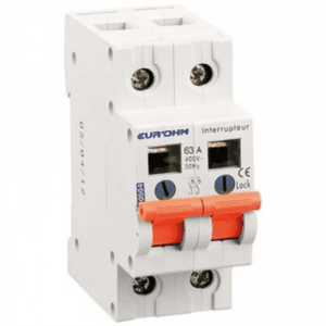 Eur'Ohm-interrupteur-coupure-2x63A-tableau-électrique-rail-DIN-sécurité-alimentation-230V-400V-50Hz-60Hz-IP20